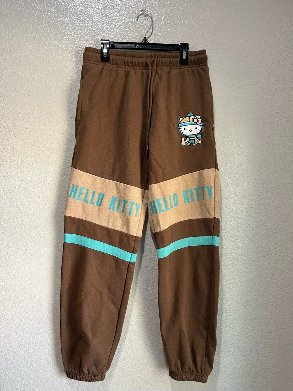 Hello Kitty Brown Sweatpants with Teal and Cream Stripes Sz M Casual Comfy